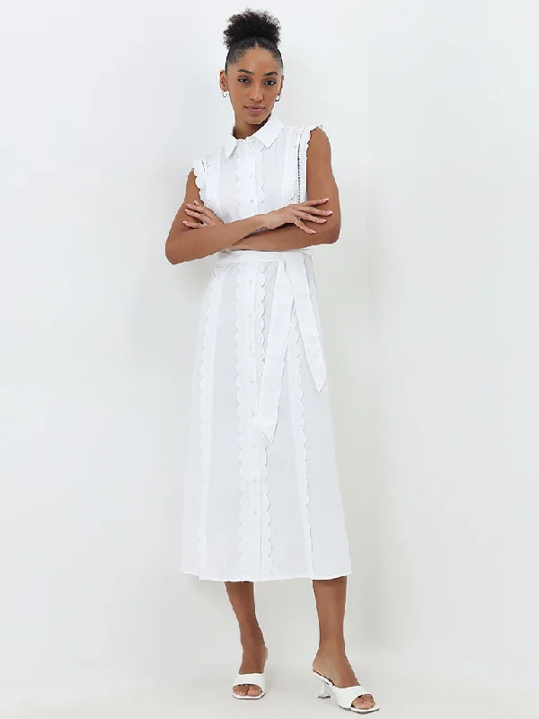 Trendy And Casual Wardrobe White Scallop-Design A-Line Cotton Dress with Belt