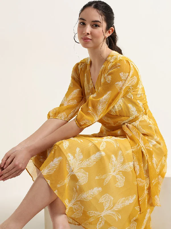 Modern Tailoring Wardrobe Yellow Printed Wrap Midi Dress with Belt
