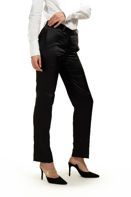 Breathable Style Black Satin Slim Fit Tuxedo Pants w/ Satin Back Pocket