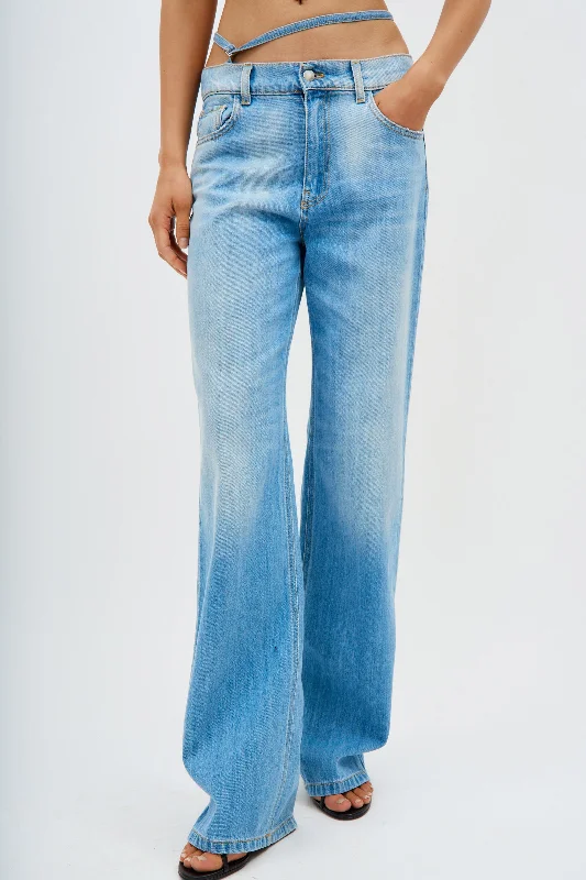 Street Fashion Boyfriend Jeans With Hip Straps Blue
