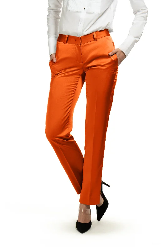 Comfortable Chic Copper Orange Satin Slim Fit Tuxedo Pants w/ Satin Back Pocket