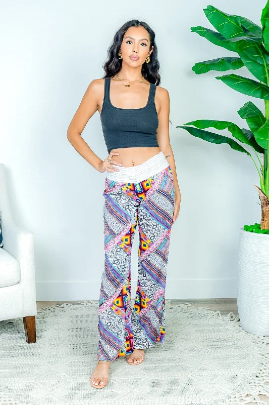 Comfortable Series Boho Beauty Multi Color Asymmetrical Stripe Flare Pants (V220W-A085P) Comfortable Series Boho Beauty Multi Color Asymmetrical Stripe Flare Pants (V220W-A085P)