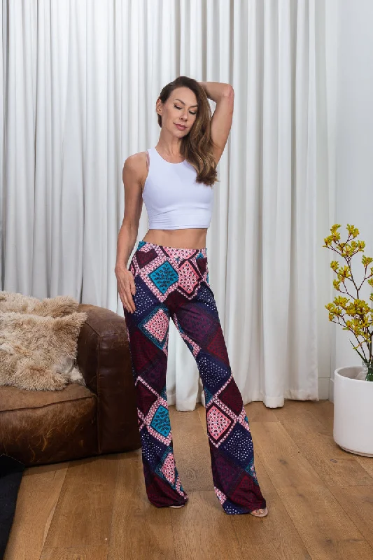 Youthful Multi Color Geo Print High Waist Flare Leg Palazzo Pants in Indigo & Pink* (155709) Youthful Multi Color Geo Print High Waist Flare Leg Palazzo Pants in Indigo & Pink* (155709)