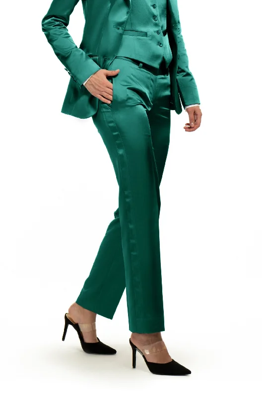 Warm Chic Emerald Green Satin Slim Fit Tuxedo Pants w/ Satin Back Pocket