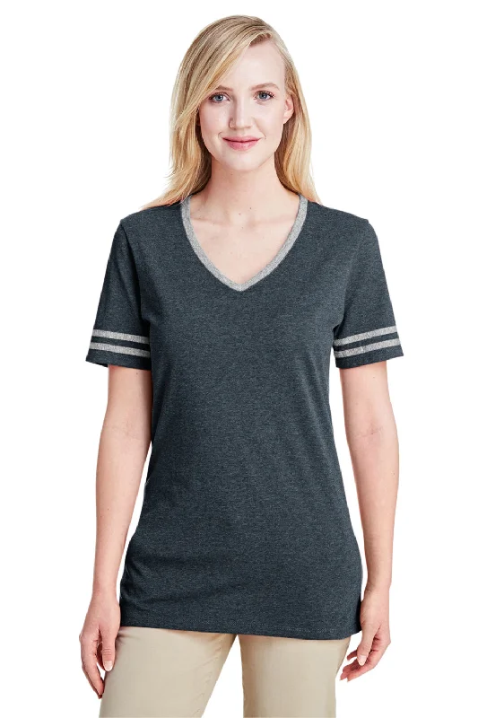 Relaxed Fashion Jerzees Womens Varsity Ringer Moisture Wicking Short Sleeve V-Neck T-Shirt - Heather Black/Oxford Grey - Closeout Relaxed Fashion Jerzees Womens Varsity Ringer Moisture Wicking Short Sleeve V-Neck T-Shirt - Heather Black/Oxford Grey - Closeout