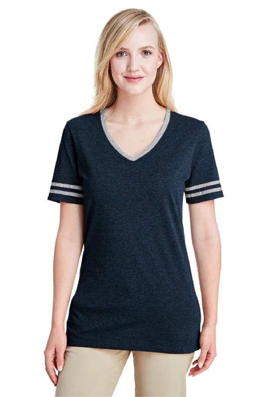 Trendy Wear Jerzees Womens Varsity Ringer Moisture Wicking Short Sleeve V-Neck T-Shirt - Heather Indigo Blue/Oxford Grey - Closeout