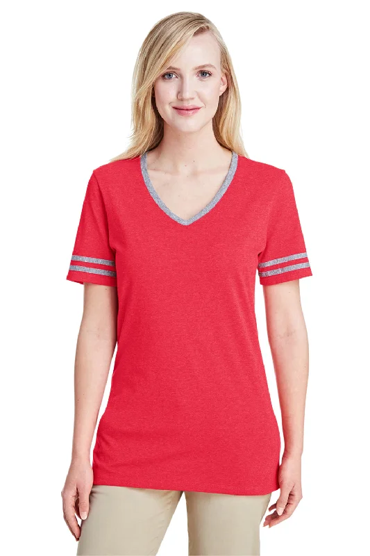 Comfortable Dresses Jerzees Womens Varsity Ringer Moisture Wicking Short Sleeve V-Neck T-Shirt - Heather Fiery Red/Oxford Grey - Closeout