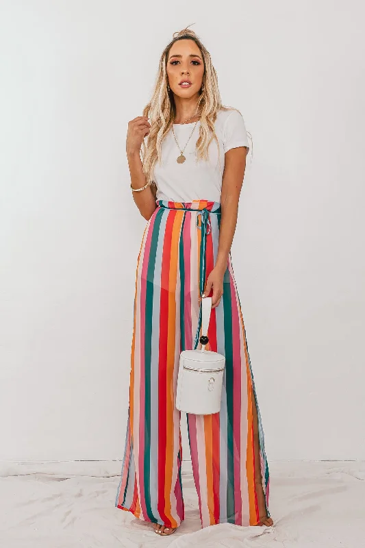 Casual Style Multi-Color Stripe Pants with Side Slits