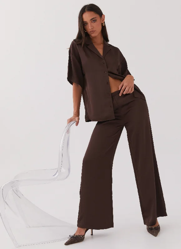 Cozy Fitting Palm Cove Satin Pants - Chocolate