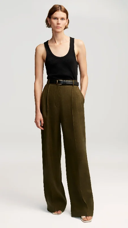 Dynamic Fashion Pleated Trouser in Basket Weave Linen | Pine Needle
