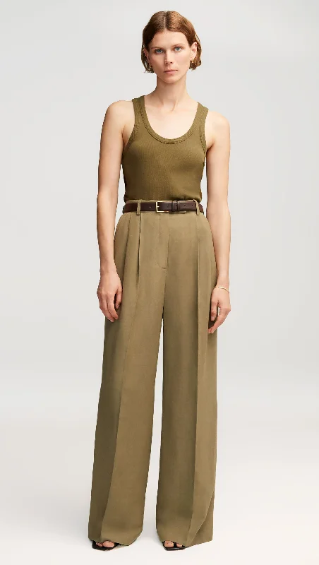 Cozy Essentials Wear Pleated Trouser in Viscose Linen Twill | Khaki Green