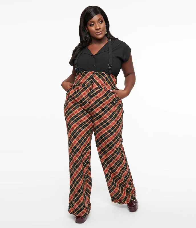 Soft Wearables Unique Vintage Plus Size 1930s Black & Rust Plaid Thelma Suspender Pants