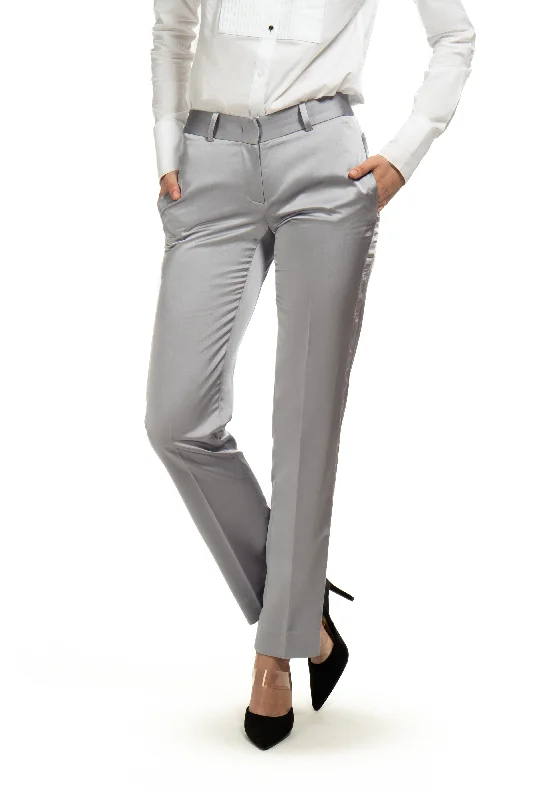 Elegant And Elegant Silver Gray Satin Slim Fit Tuxedo Pants w/ Satin Back Pocket