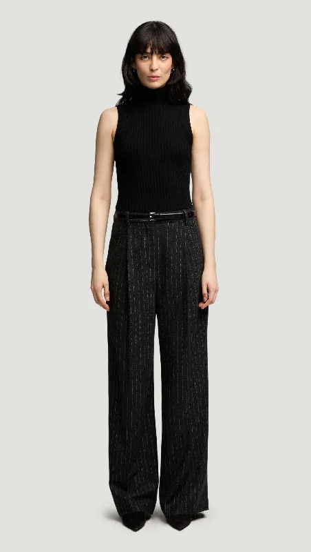 Classic Retro Single Pleat Trouser in Wool Blend | Grey Pinstripe