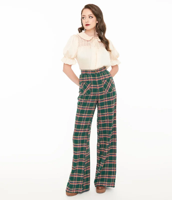 New Autumn And Winter Styles Smak Parlour 1960s Green & Red Plaid Wide Leg Trousers