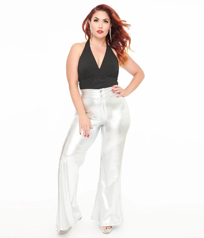 Embroidered Letters Smak Parlour 1960s Metallic Silver High Waist Flare Pants