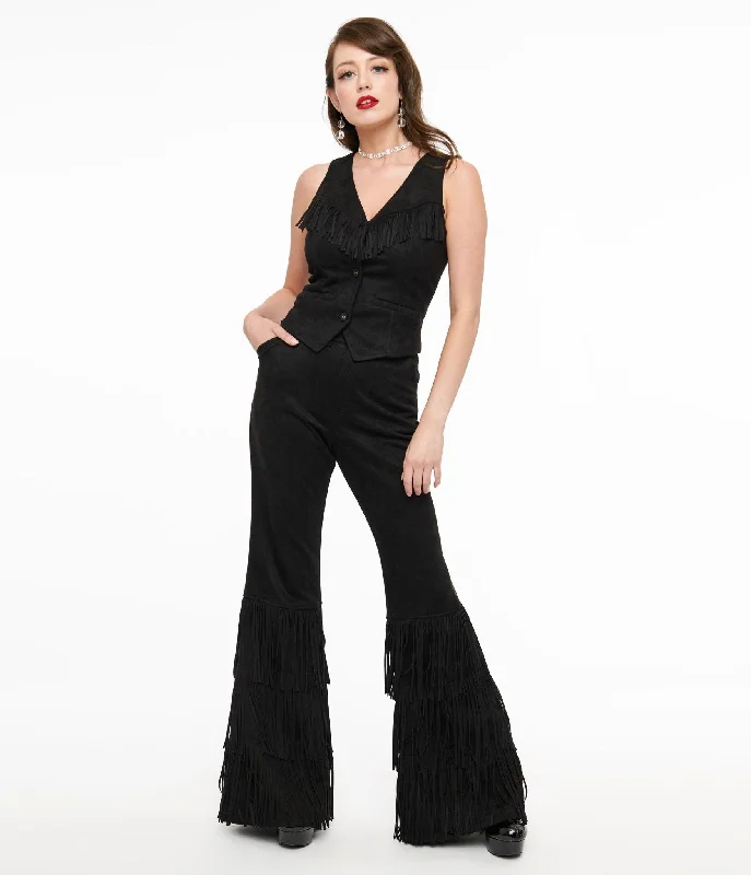 Elegant Style Smak Parlour 1970s Black Suede Tassel Flare Pants