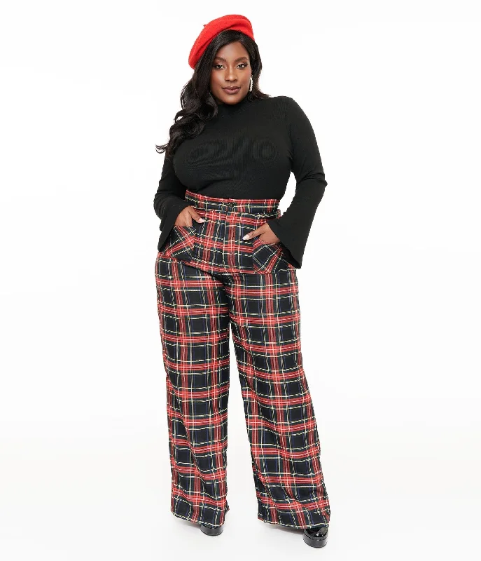 Sports Cool Smak Parlour Plus Size 1960s Black & Red Plaid Wide Leg Trousers