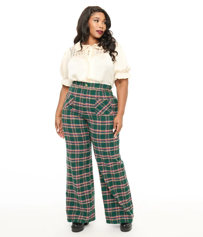 Carefree Smak Parlour Plus Size 1960s Green & Red Plaid Wide Leg Trousers