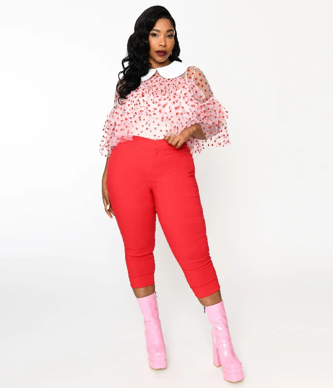 Sporty Comfort Smak Parlour Plus Size Red & Polka Dot Heart Pocket Smarty Pants Capri