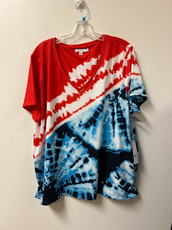 Elegant Series Top Short Sleeve By Chicos In Blue & Red & White, Size: 2x