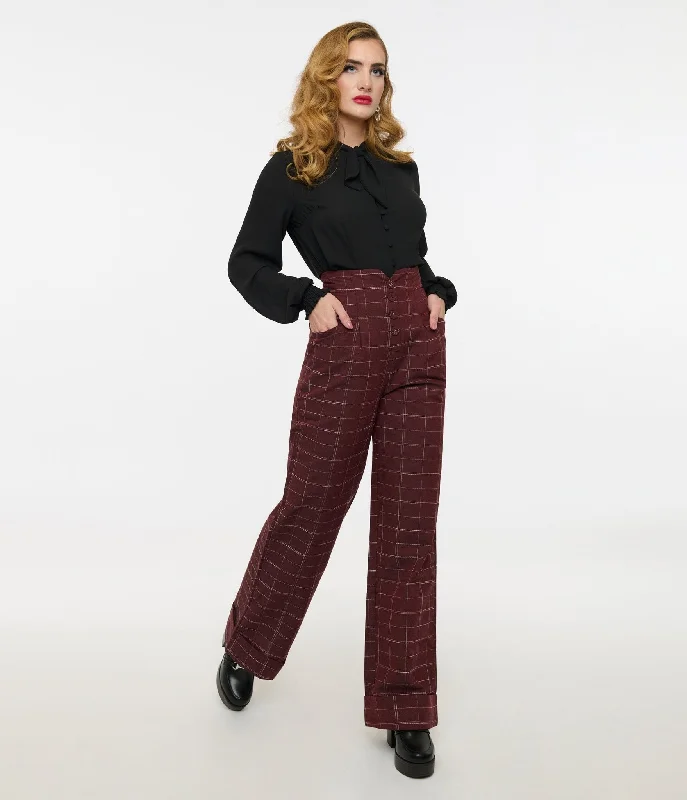 French Style Unique Vintage 1940s Burgundy Windowpane Buttoned Wide Leg Trousers