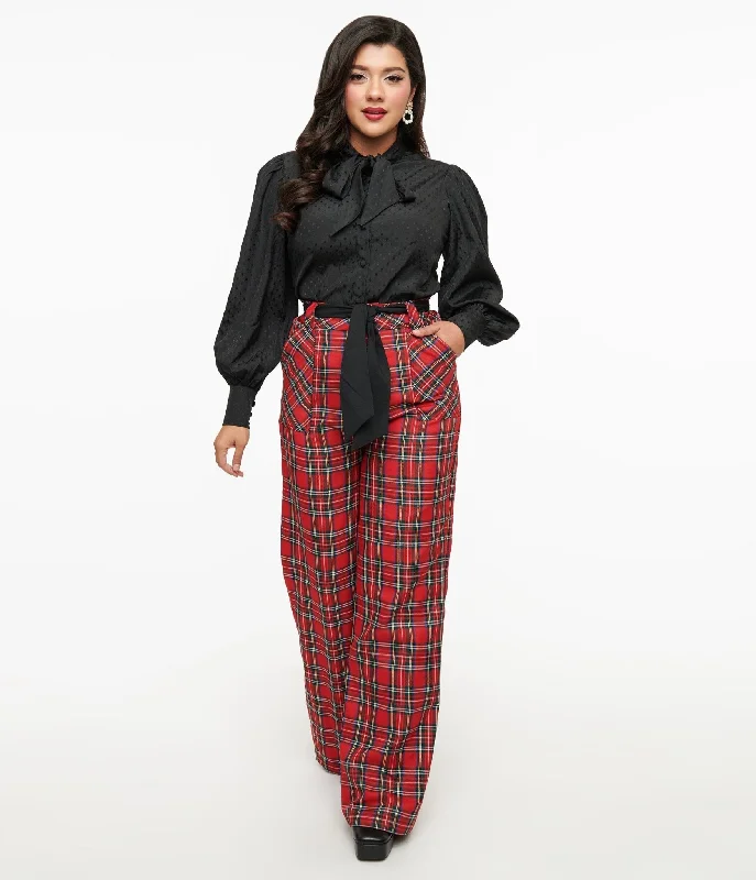 Casual Style Unique Vintage 1950s Red Plaid Wide Leg Trousers