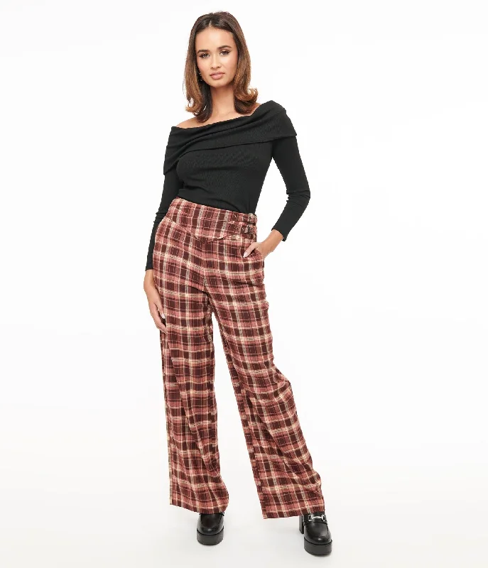 Unique Design Unique Vintage Burgundy Plaid Double Belt Woven Pants