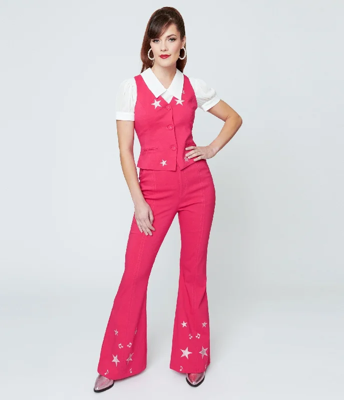 Cozy Fashion Unique Vintage 1970s Pink & Glitter Stars Flare Pants