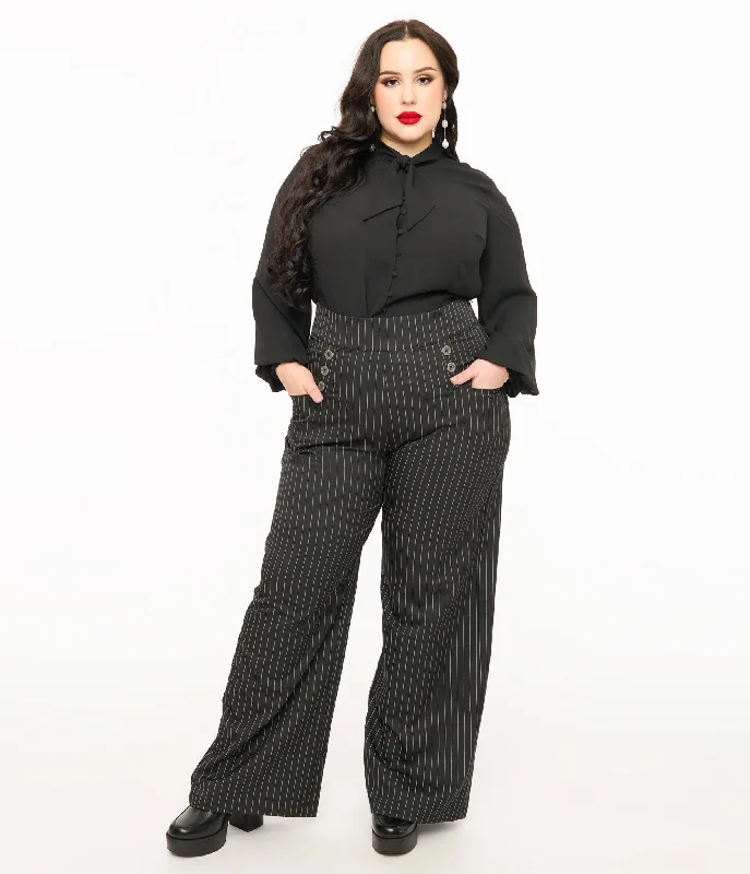 Celebrity Style Unique Vintage Plus Size 1940s Black & White Pin Stripe High Waist Sailor Ginger Pants Celebrity Style Unique Vintage Plus Size 1940s Black & White Pin Stripe High Waist Sailor Ginger Pants