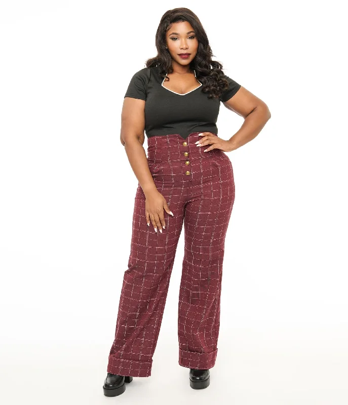 Sexy Fun Unique Vintage Plus Size 1940s Burgundy Windowpane Buttoned Wide Leg Trousers