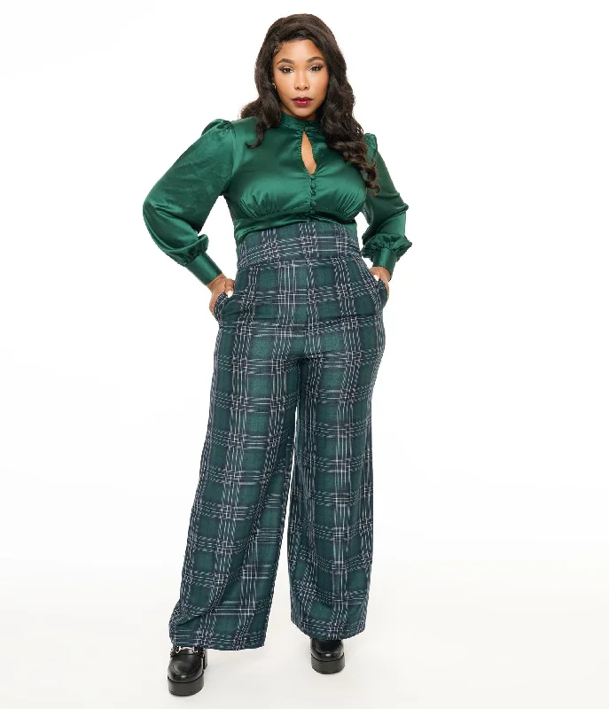 Bottom And Versatile Unique Vintage Plus Size 1940s Green & Black Plaid High Waist Pants Bottom And Versatile Unique Vintage Plus Size 1940s Green & Black Plaid High Waist Pants