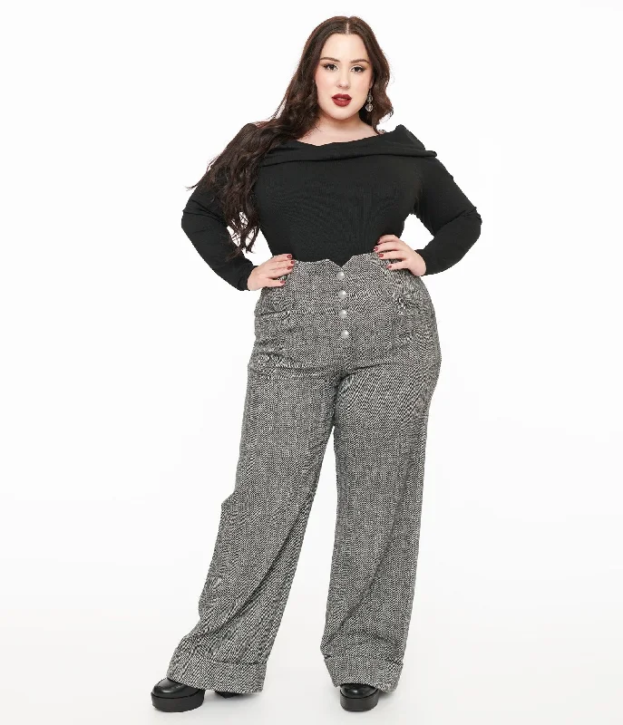 Wearable At Home Or Out Unique Vintage Plus Size 1940s Grey Herringbone Buttoned Wide Leg Trousers Wearable At Home Or Out Unique Vintage Plus Size 1940s Grey Herringbone Buttoned Wide Leg Trousers