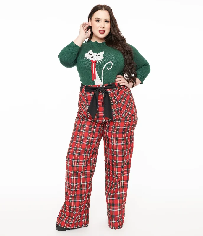 Ultra-lightweight Unique Vintage Plus Size 1950s Red Plaid Wide Leg Trousers