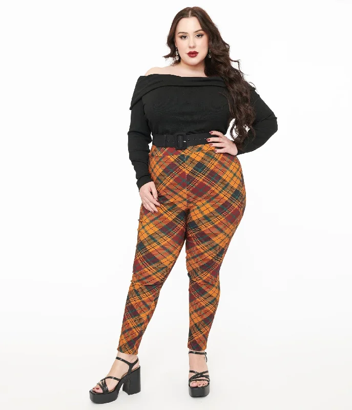 Trendy Traveler Unique Vintage Plus Size 1960s Mustard & Burgundy Plaid High Waist Cigarette Pants Trendy Traveler Unique Vintage Plus Size 1960s Mustard & Burgundy Plaid High Waist Cigarette Pants