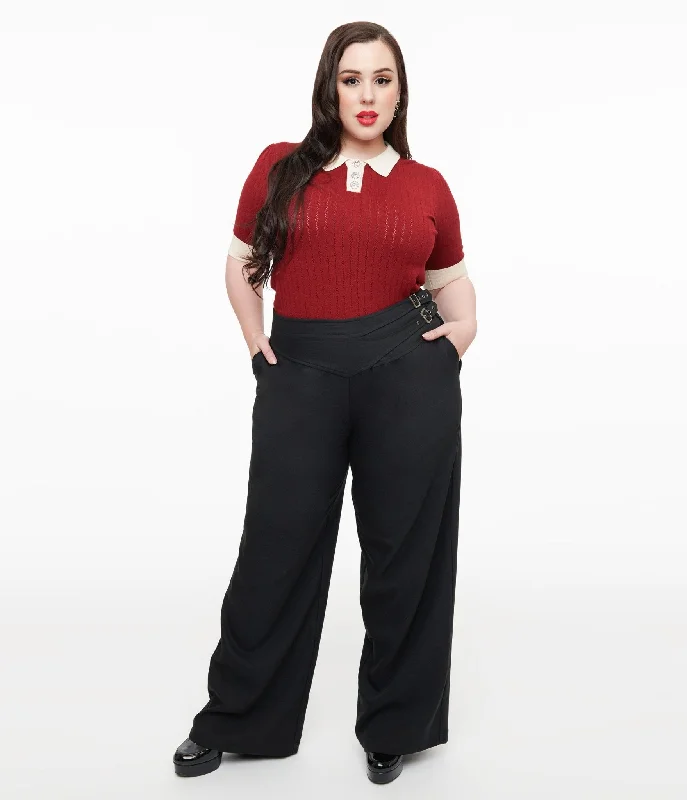 Comfortable Fitwear Unique Vintage Plus Size Black Double Belt Woven Pants