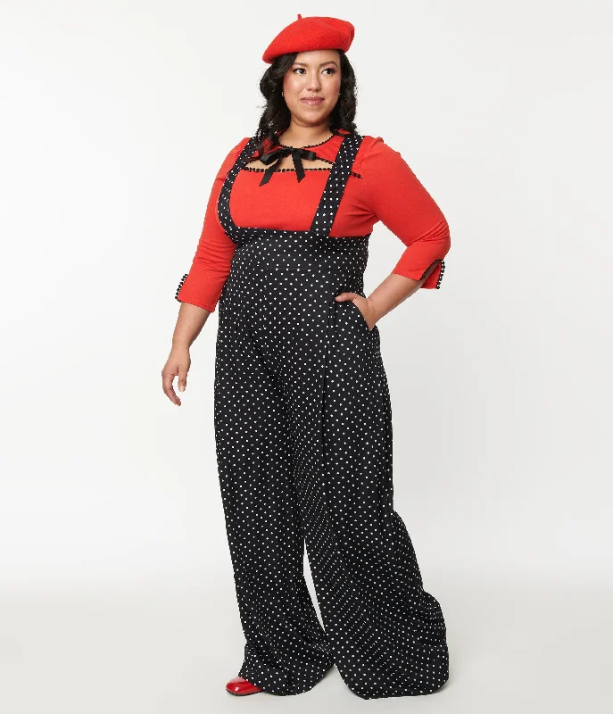 Sporty Wear Unique Vintage Plus Size Black & White Pin Dot Rochelle Suspender Pants