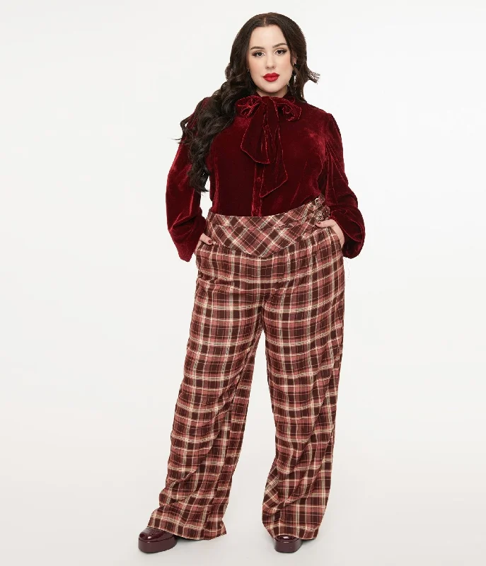 Hooded design Unique Vintage Plus Size Burgundy Plaid Double Belt Woven Pants