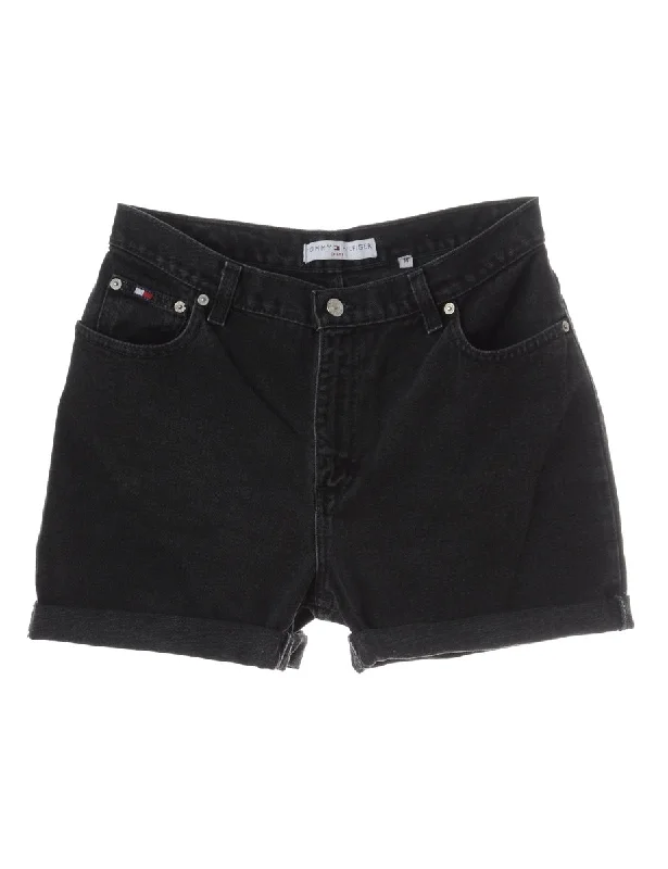 Customized Version Label Rolled Hem Black Denim Shorts