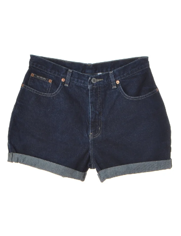 French Style Label Rolled Hem Indigo Denim Shorts