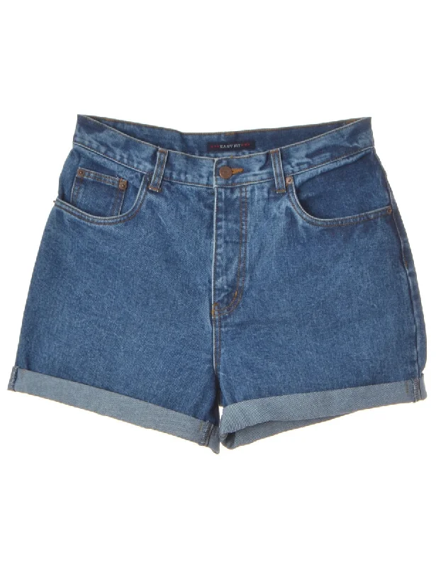 Thin Design Label Rolled Hem Indigo Denim Shorts