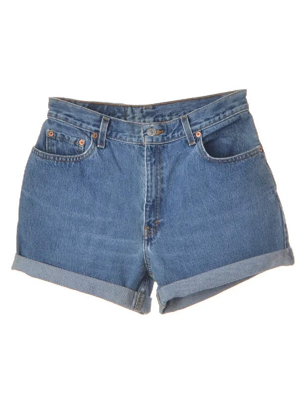 Eye-catching Personality Label Rolled Hem Medium Wash Denim Shorts