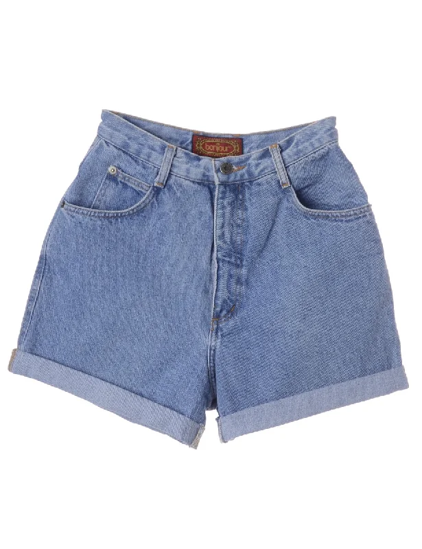 Trendy Layers Label Roll Hem Medium Wash Denim Shorts