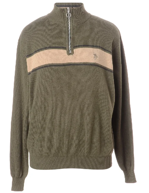 Label Olive Green Zip Front Knitted Jumper