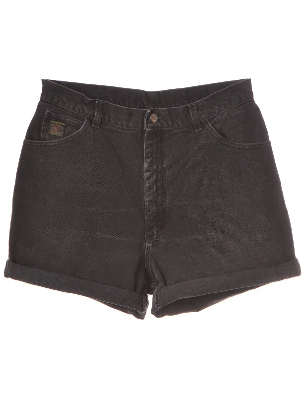 Street Fashion Label Rolled Hem Black Denim Shorts