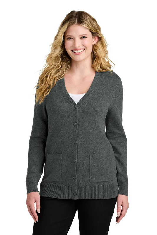 Port Authority Womens Easy Care Button Front Long Sleeve Cardigan Sweater w/ Pockets - Heather Charcoal Grey - New