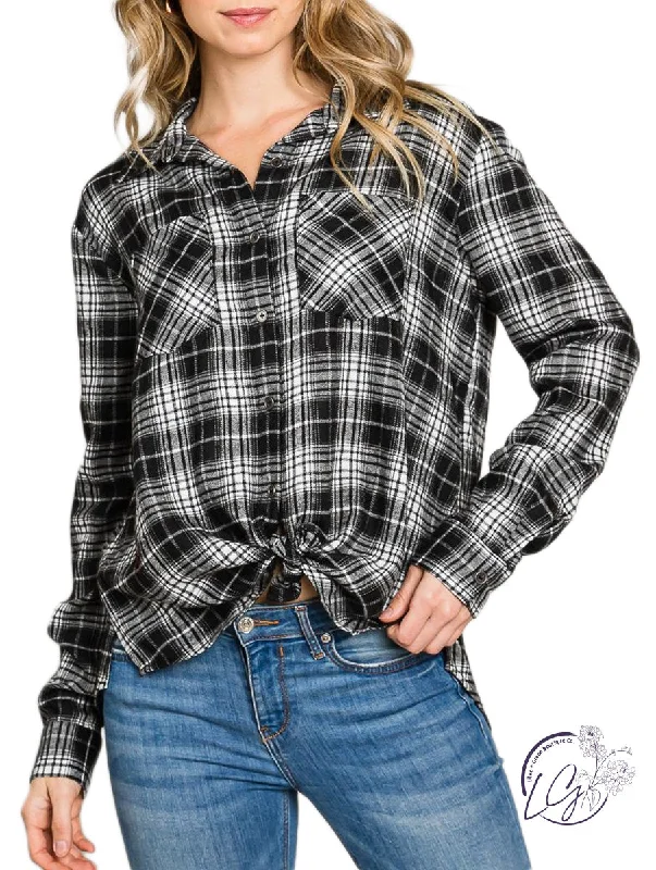 Exquisite Embroidery Soft Plaid Button-Down Shirt with Bust Pockets