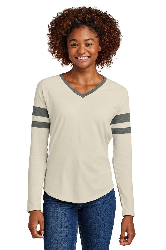 Sport-Tek Womens Halftime Stripe Long Sleeve V-Neck T-Shirt - Heather Vintage Grey/Ecru - New