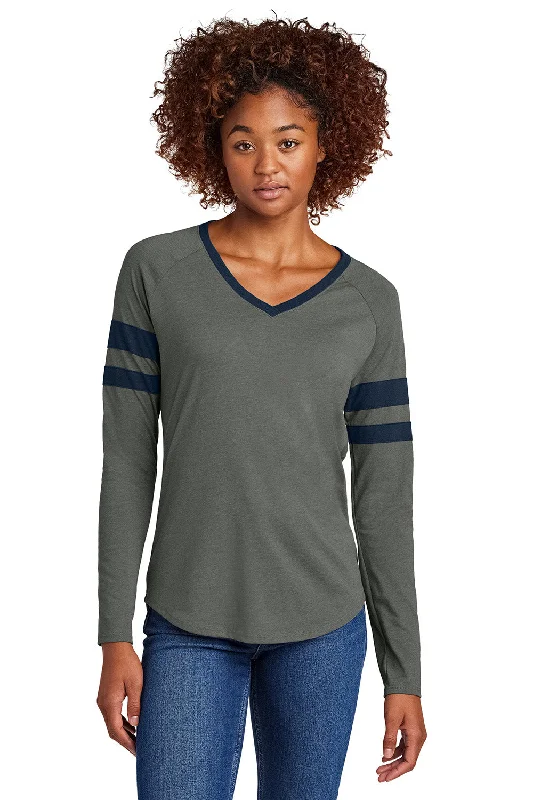 Sport-Tek Womens Halftime Stripe Long Sleeve V-Neck T-Shirt - True Navy Blue/Heather Vintage Grey - New